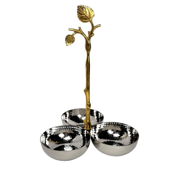 NEW Godinger Three Sectional Snack Serving Bowl Dish Stainless Steel Gold Leaf - Picture 1 of 9